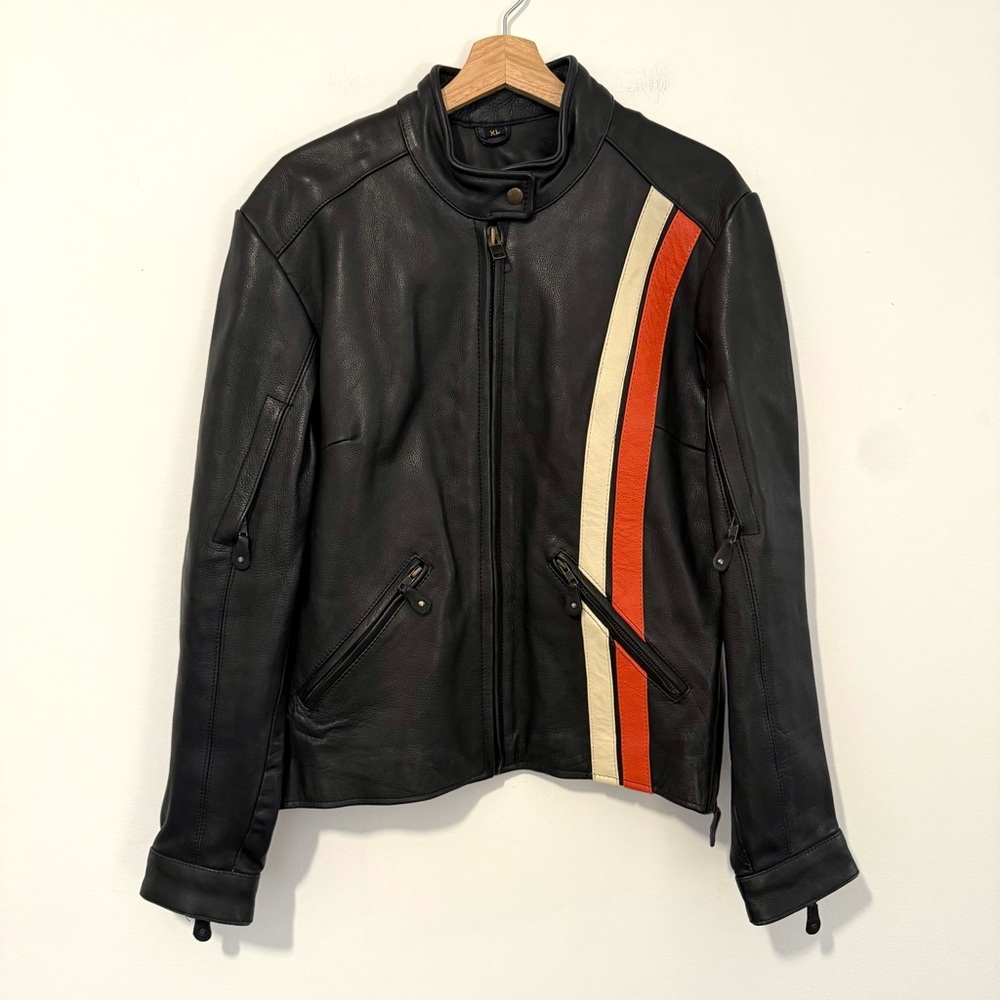 VTG Women’s Club Racer Stripe Heavyweight Leather Motorcycle Jacket